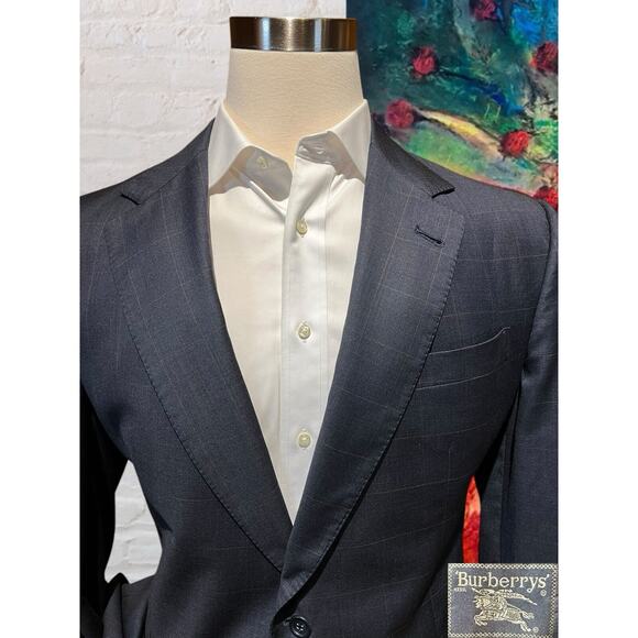 Vintage Burberry Suit 43L 36x32 Slate Blue Plaid Super 100s Designer Luxury - Picture 2 of 16